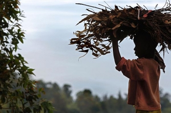 Un băiat cară lemne pentru foc în apropiere de lacul Kivu, lângă Bukavu, Republica Democrată Congo. În jurul satelor sărăcite din apropierea Lacului Kivu încă mai poţi vedea urme ale exploziilor. Minele temporare improvizate marchează terenul de acolo, materializând amintiri ale unei căutări cândva disperate, a unui minereu numit coltan.