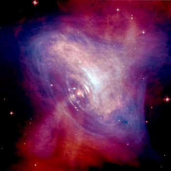 O imagine a pulsarului Nebuloasei Crabului arată imagini suprapuse X-ray (albastru), şi optice (roşu). Studii făcute pe parcursul mai multor luni cu Observatorul Chandra X-ray al NASA şi telescopul Hubble Space capturează spectacolul materiei şi antimateriei propulsat la aproape viteza luminii de Pulsarul Crab, o stea rotativă de mărimea Manhattan-ului. 