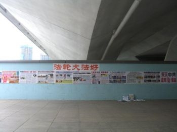 Postere cu Falun Gong pe un perete sub Podul Esplande – un loc turistic popular langa Raul Singapore. 
