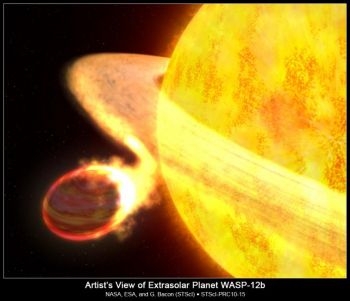 Un desen al planetei WASP-12b, mai mare decat Jupiter, care este in procesul decimarii de catre steaua sa parinte 
