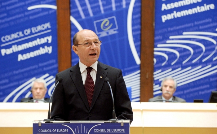 Discursul presedintelui Traian Basescu la Consiliul Europei, Strasbourg, 27 ian 2011. (PATRICK HERTZOG / AFP / Getty Images)
