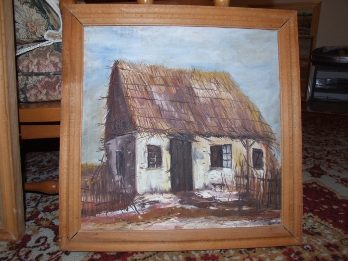 Pictura in ulei reprezentand o casa tipica a deportatilor in Bargan. Pictura este realizata de fiul domnului Prof. Rafael Mirciov.