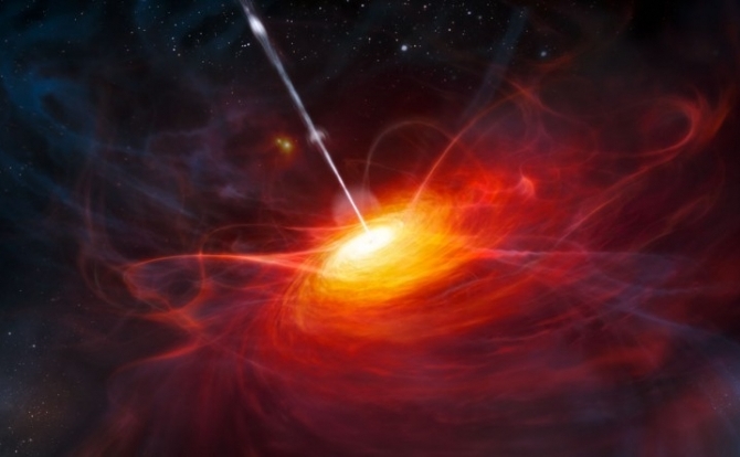 ULAS J1120+0641, un quasar avand o gaura neagra cu o masa estimata ca fiind de 2 miliarde de ori mai mare decat a Soarelui. Quasarul este cel mai stralucitor si distant obiect al Universului timpuriu (ESO / M. Kornmesser)
