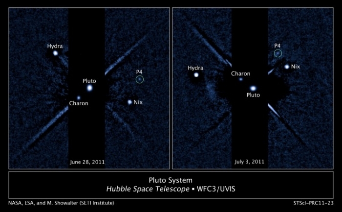Aceste două imagini, luate în aproximativ o săptămână de Hubble, arată patru sateliţi care orbitează inghetata planetă Pluto. Cercul verde în ambele instantanee marcheaza luna recent descoperita, numita temporar P4