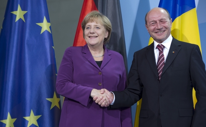 Preşedintele Traian Băsescu s-a intalnit joi la Berlin cu cancelarul german Angela Merkel. (JOHANNES EISELE / AFP / Getty Images)