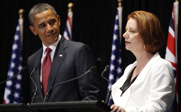 Preşedintele american Barack Obama alaturi de premierul australian, Julia Gillard