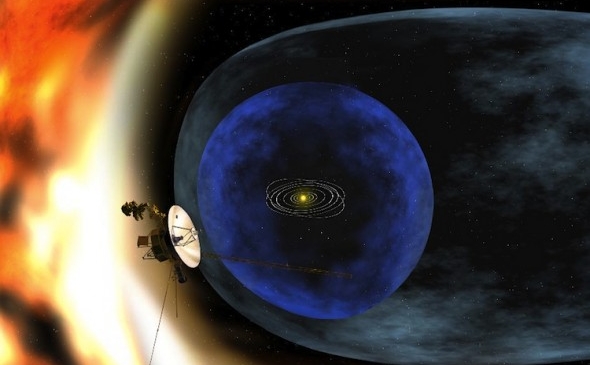 Realizare artistică a navei spatiale Voyager 2 studiind limitele exterioare ale heliosferei - un "balon" magnetic în jurul sistemului solar, care este creat de către vântul solar.