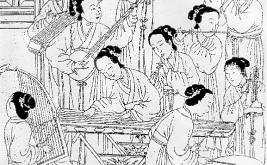 
O gravură antică chinezească cu femei de la curte interpretănd muzică.
