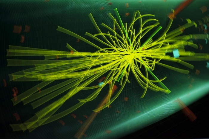 Grafic înfăţişând coicniri între particule subatomice, în cadrul experimentului numit Compact Muon Solenoid (CMS), CERN, Geneva, 13 decembrie 2011