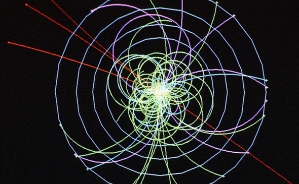 Ilustrarea procesului de descompunere a unui boson Higgs.