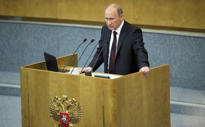 Vladimir Putin a rostit ultimul discurs în calitate de premier, în faţa Dumei de Stat a Rusiei, 11 aprilie 2012.