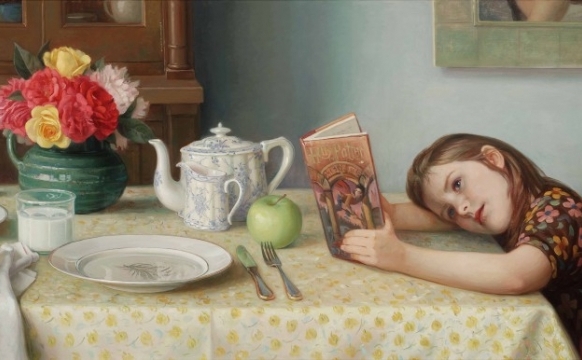 Sophia, fiica lui Watwood, pierdută în lectura cărţii sale favorite, asteaptă cina. (Patricia Watwood, prin bunăvoinţă)