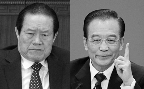 Şeful securităţii chineze, Zhou Yongkang (S) şi premierul Chinei, Wen Jiabao (D)