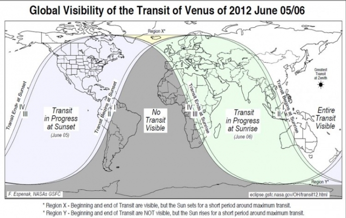 Vizibilitatea globală a tranzitului planetei Venus.