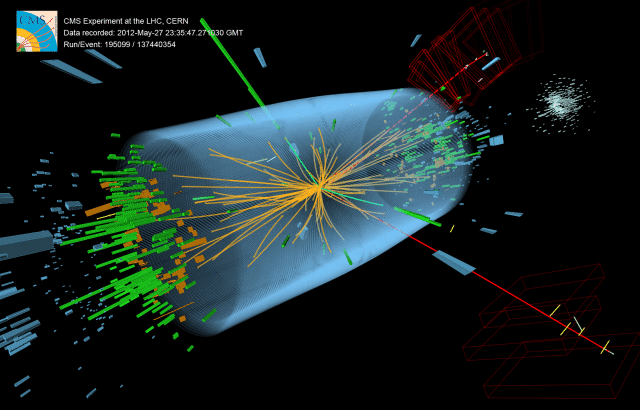 Imaginea oferă caracteristici ce apar în urma descompunerii bosonului SM Higgs într-o pereche de bosoni Z. (detectorul CMS, 2012)