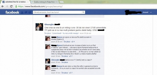 Print screen la o pagină de Facebook cu discuţia unor studenţi din cadrul Universităţii ASE (Andra Bădală / Epoch Times)