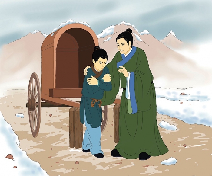 Min Deren vorbindu-i fiului său Ziqian, care tremura de frig.