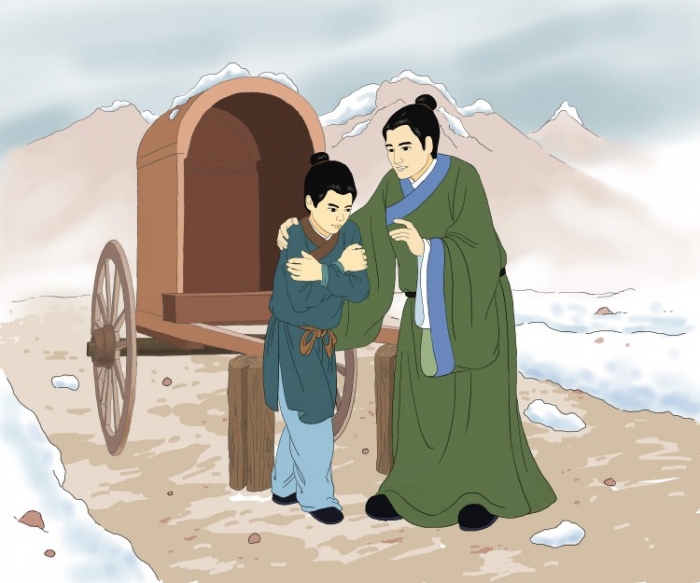 Min Deren vorbind cu fiul său Ziqian, care tremura de frig.