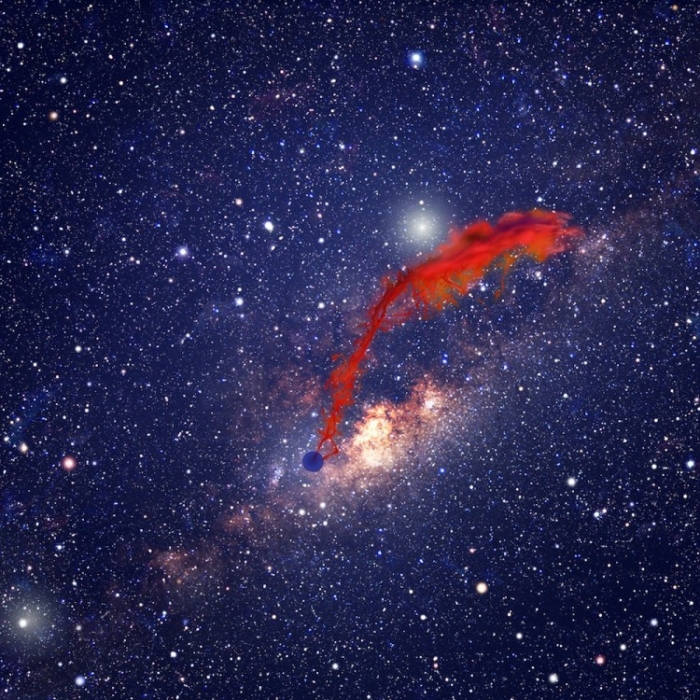 Imagine artistică a unui disc proto-planetar de gaz şi praf (roşu) este distrusă de fluxuri gravitaţionale ale găruii negre centrale a galaxixei noastre