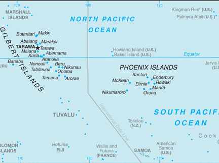 Teitoi călătorea pe lângă capitala Kiribati, dar s-a rătăcit 15 săptămâni pe mare (CIA World Factbook)