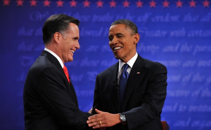 Preşedintele american Barack Obama şi rivalul său republican Mitt Romney. (NICHOLAS KAMM / AFP / GettyImages)
