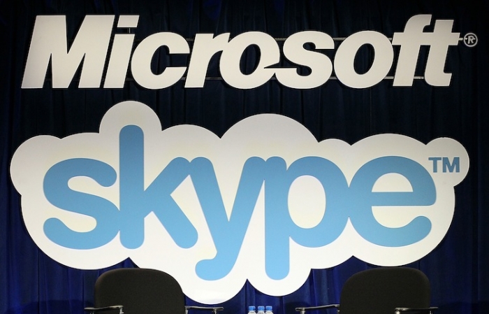 Logo-ul companiei SKype, la preluarea acesteia de către Microsoft, mai 2011, San Francisco (Justin Sullivan / Getty Images)