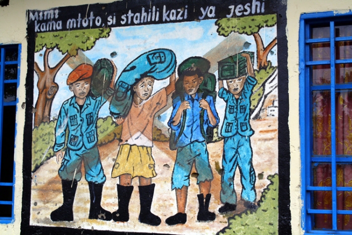 O imagine ce condamnă recrutarea copiilor soldaţi pictată de un fost copil soldat.