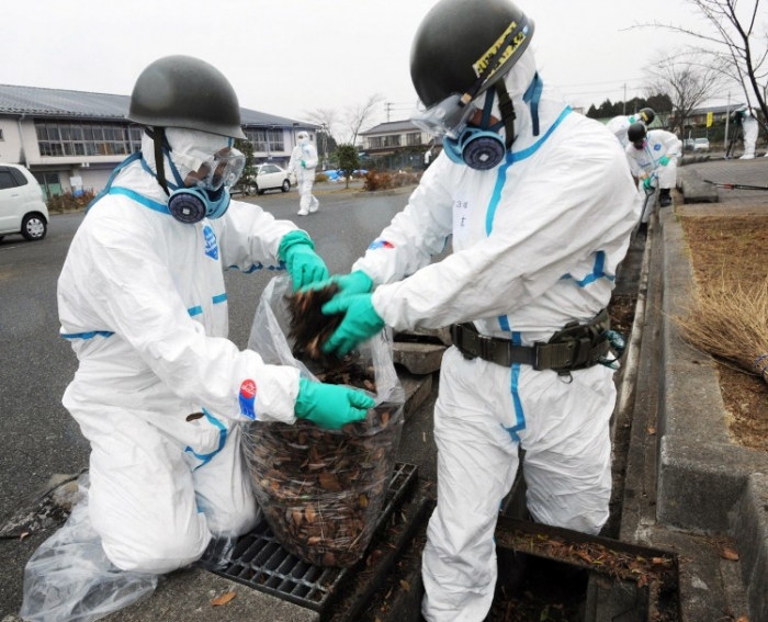 Muncitori colectează frunze dintr-un canal, prefectura Fukushima, 8 decembrie 2011.