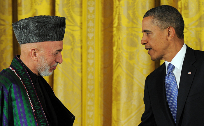 Preşedintele SUA, Barack Obama şi preşedintele Afganistanului, Hamid Karzai. (JEWEL SAMAD / AFP / Getty Images)
