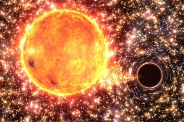 Ilustraţie a unei găuri negre pe cale să devoreze o stea