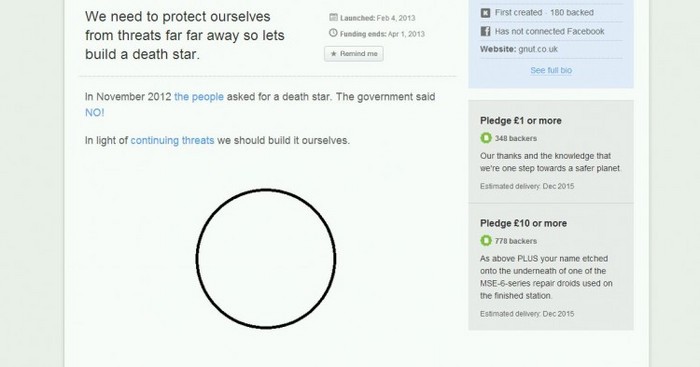 O poză a ecranului site-ului Kickstarter pentru construcţia Death Star, care include un "proiect iniţial (nu pentru copii)," referindu-se la cercul din mijloc.