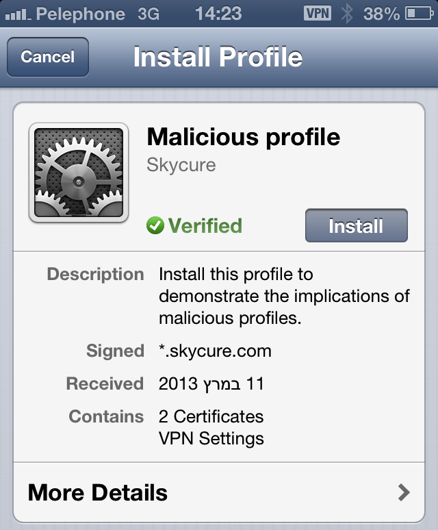 O imagine de pe un iPhone care afişază procesul de instalare uşoară a unui profil fals, de care telefonul spune că este verificat