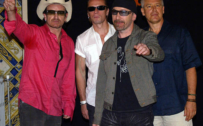 U2 band members (from L) Bono Vox, Larry Mullen Junior, Dave Evan and Adam Cayton