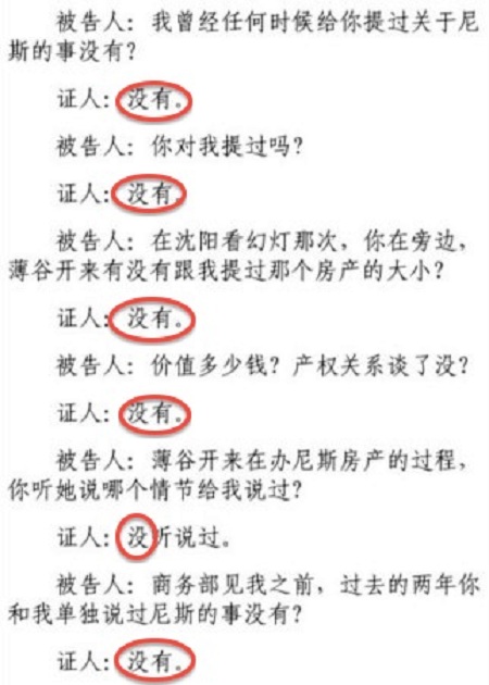 Extrase din procesul-verbal de şedinţă, în care Bo Xilai interoghează un martor cu întrebări atent formulate. Răspunsul martorilor este "nu", în toate cazurile.