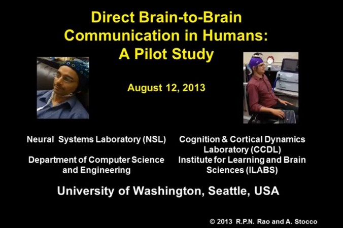 A screenshot of YouTube shows researchers Rajesh Rao and Andrea Stocco as they do a "mind meld" experiment.