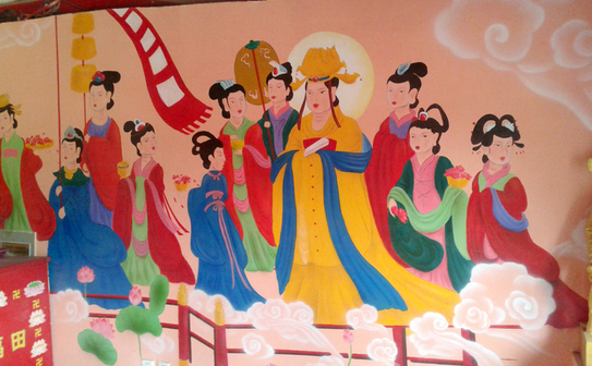 Această poză făcută pe 14 oct 2013 înfăţişează fresca actuală de la Templul Yunjie din Chaoyang, provincia Liaoning. Autorităţile chineze au „restaurat” frescele antice budiste pictând deasupra imagini din benzi desenate cu mituri taoiste, atrăgând indignare online. (STR / AFP / Getty Images)