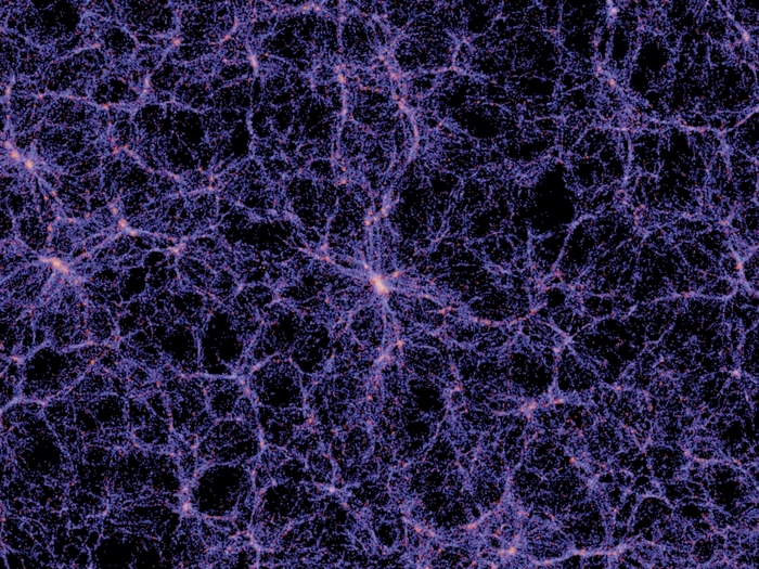 Distribuţia materiei negre din univers, simulată de Millennium Simulation.