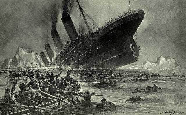 O gravură care descrie scufundarea Titanicului