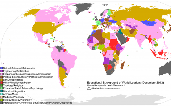 Harta diplomelor şefilor de state din lume (decembrie 2013). (maeryv/Reddit)