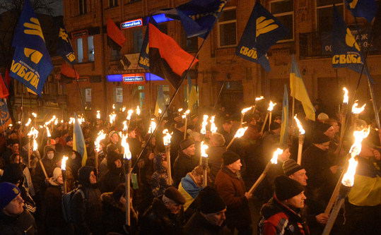 Marşul din Kiev ce a comemorat naşterea lui Stepan Bandera, un lider fondator al partidului naţionaliştilor ucrainieni. (SERGEI SUPINSKY / AFP / Getty Images)