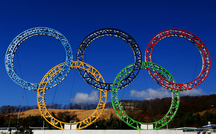 Cercurile olimpice construite în faţa Aeroportului Internaţional din Soci, 8 ian 2014, Alder, Rusia.
