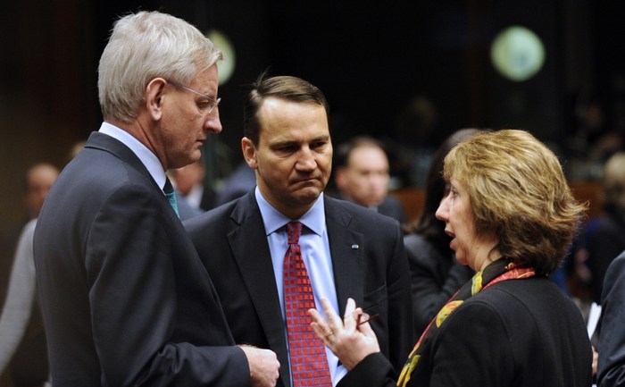 Catherine Ashton, Carl Bildt şi Radoslaw Sikorski, Bruxelles, 10 februarie 2014.