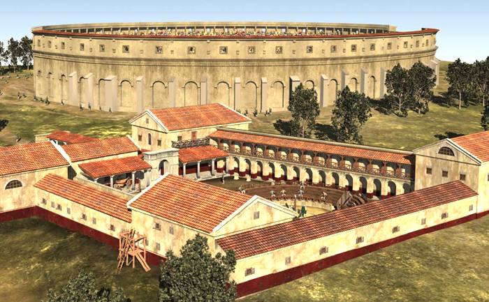 Reconstrucţie 3D a şcolii de gladiatori de la Carnuntum, lângă Viena.