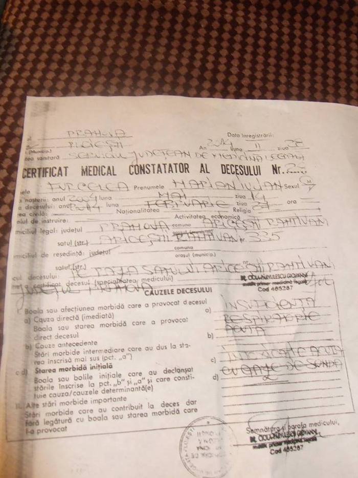 Certificat medical de constatare a decesului Marian Furcelea