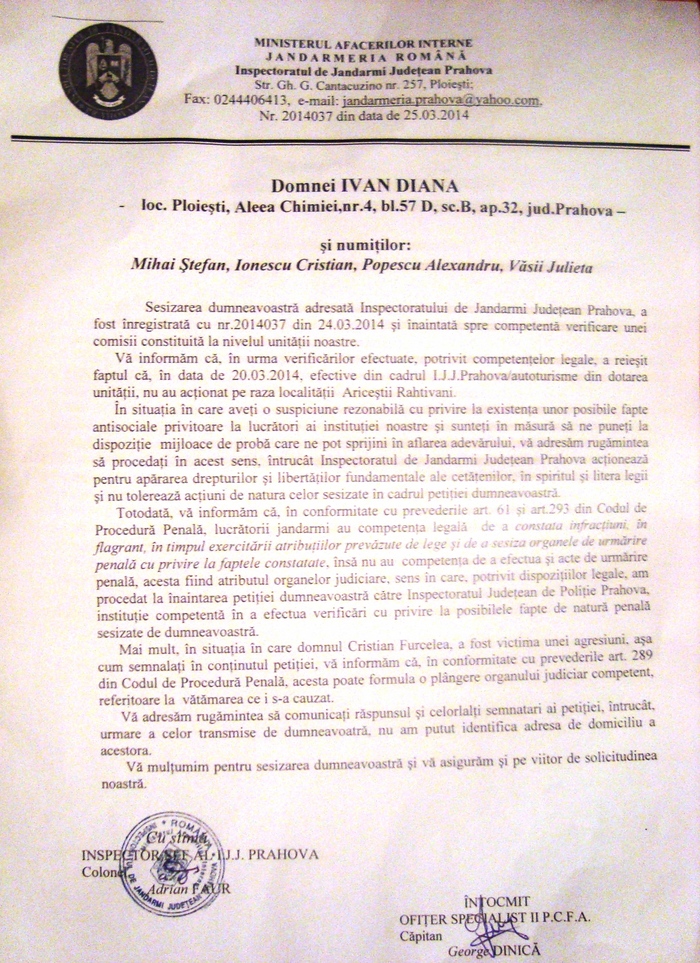 Răspuns IJJP la sesizarea cu privire la agresarea lui Cristian Furcelea, 24 martie 2014