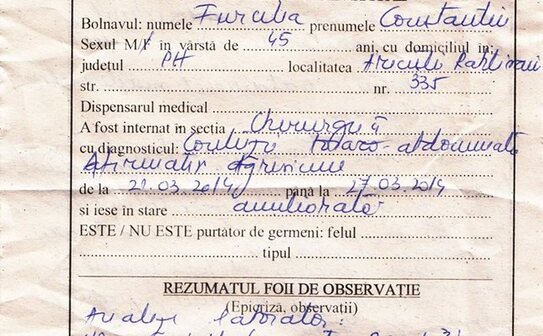Biletul de ieşire din spital al lui Cristian Furcelea, pagina 1 (Hetti Benedek)