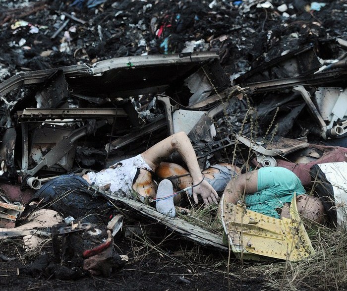Cadavre printre rămăşiţele avionului MH17 aparţinând Malaesia Airlines, doborât deasupra Ucrainei pe 17 iulie (DOMINIQUE FAGET/AFP/Getty Images)