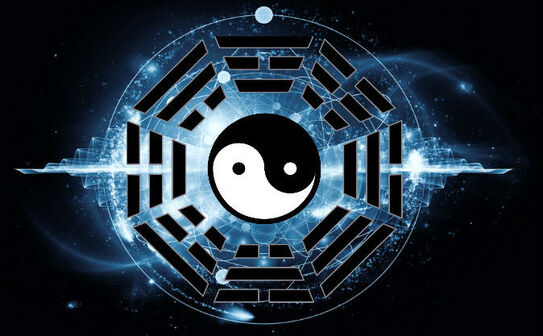 Un imagine care combină o imagine conceptuală din fizica cuantică cu simbolul Taoist şi Cele Opt Trigrame. (wikimedia commons.)