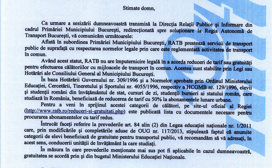 Răspuns RATB la petiţia dlui M.J. (Epoch Times)