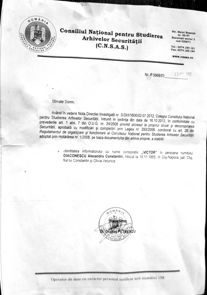 Document CNSAS referitor la Alexandru Diaconescu